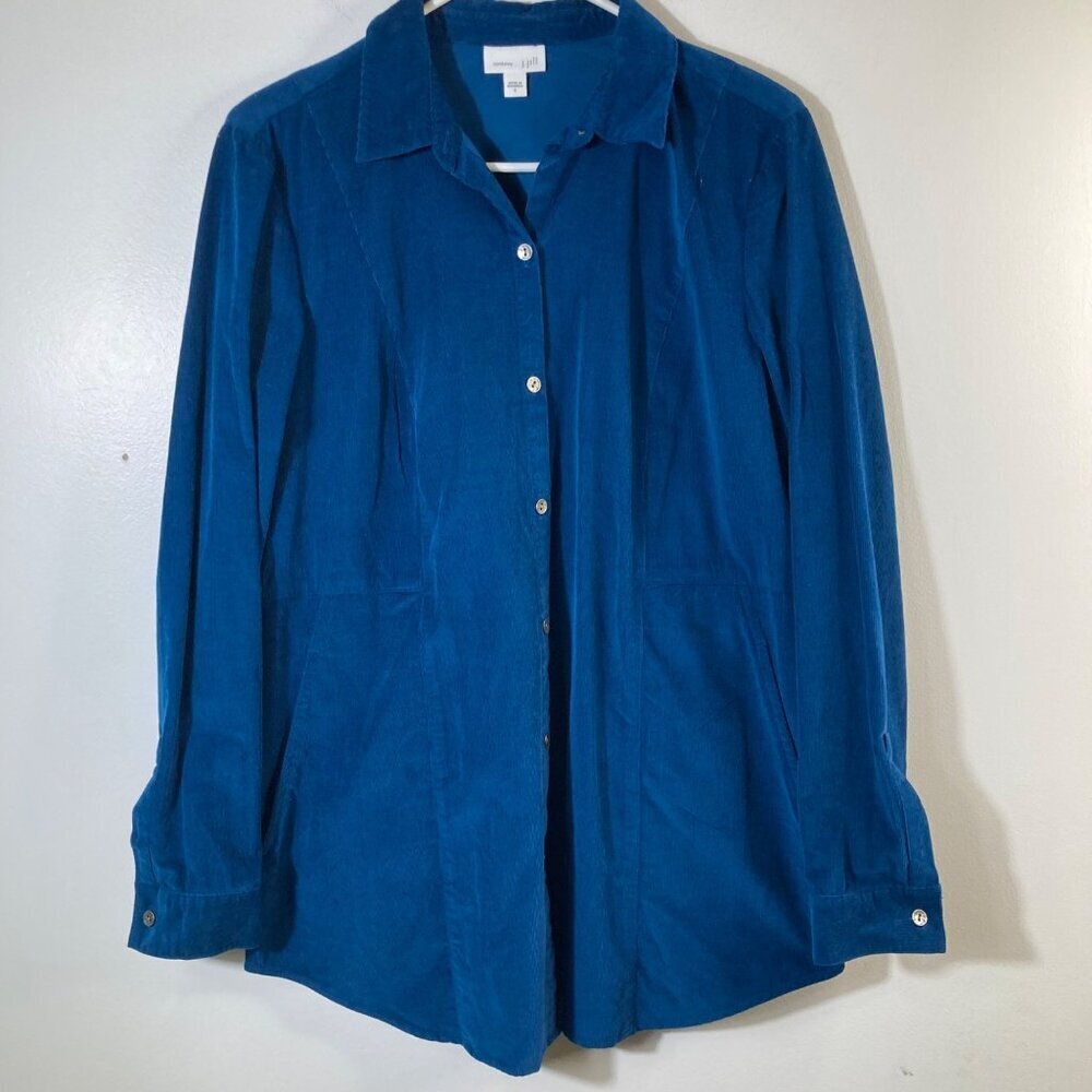 Womens J Jill Corduroy Button Shirt Jacket‎ Shacket Teal Blue S Cotton Pockets
